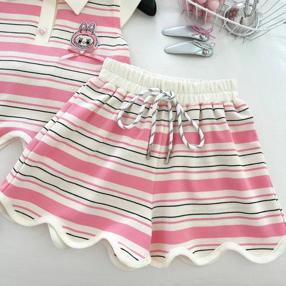 Hollow Heart Stripe Shorts Set