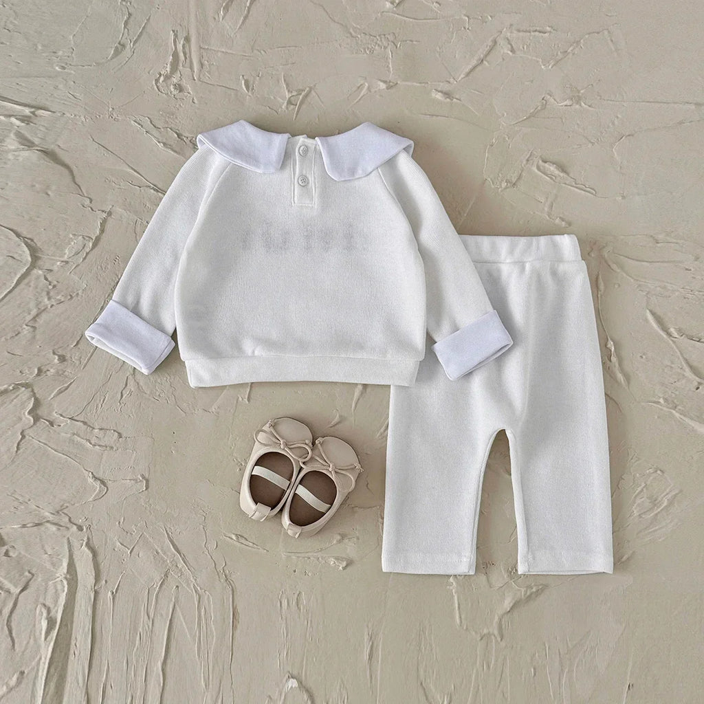 Flower Embroidered Lapel Sweatshirt Pants Set