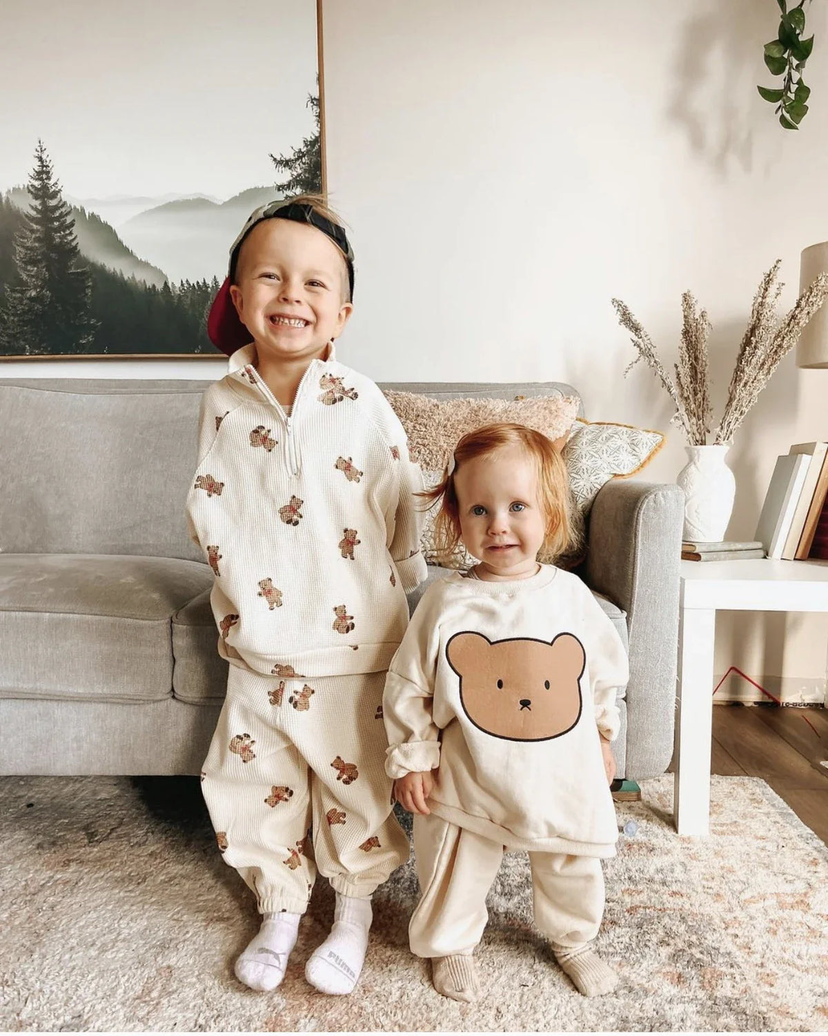 Waffle Teddy Bear Print Jogger Set