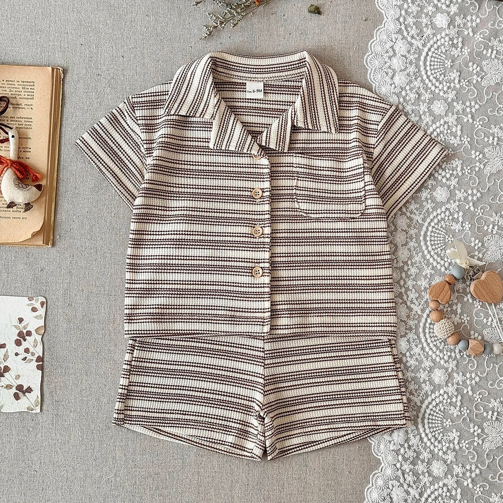 Brown Striped Shirt Shorts Set