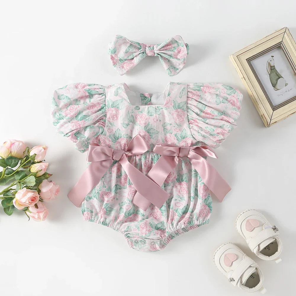 Triple Bow Puff Sleeve Romper