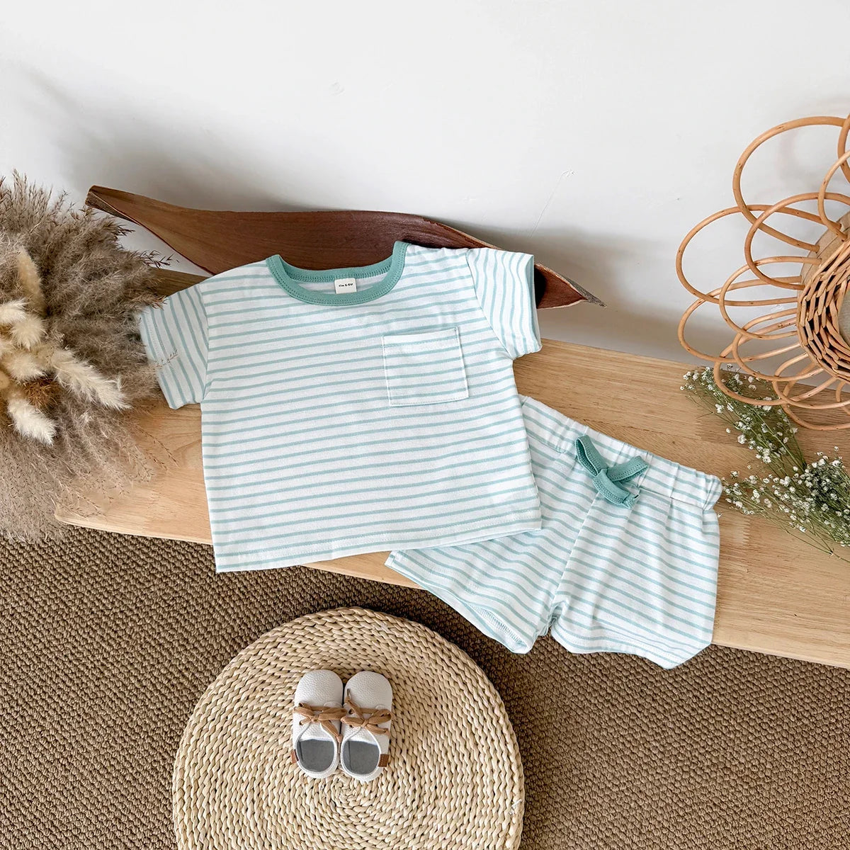 Teal Stripe Shorts Set