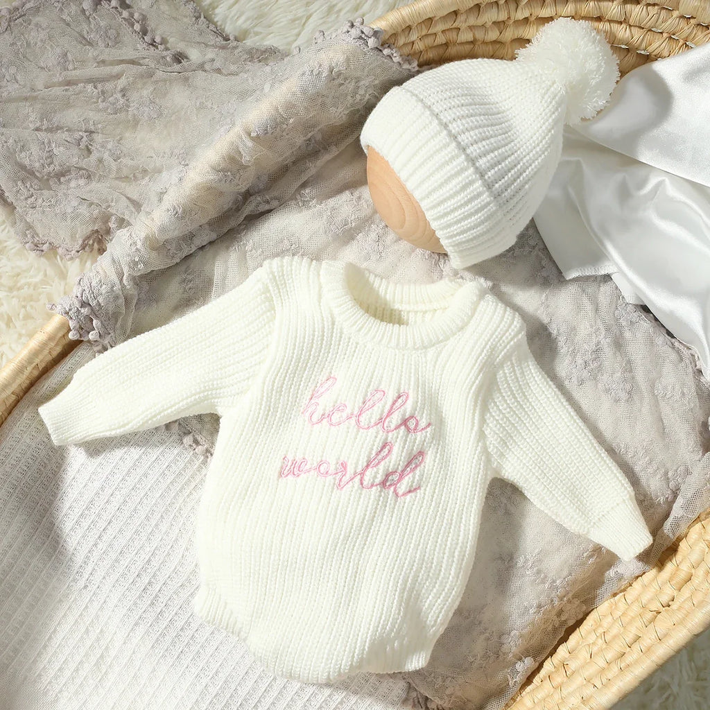 Newborn Hello World Knitted Bodysuit Set