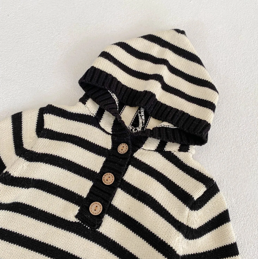 Boys Striped Button Up Long Sleeve Hooded Bodysuit