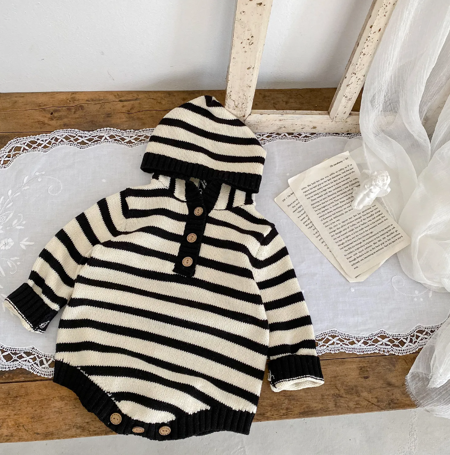 Boys Striped Button Up Long Sleeve Hooded Bodysuit