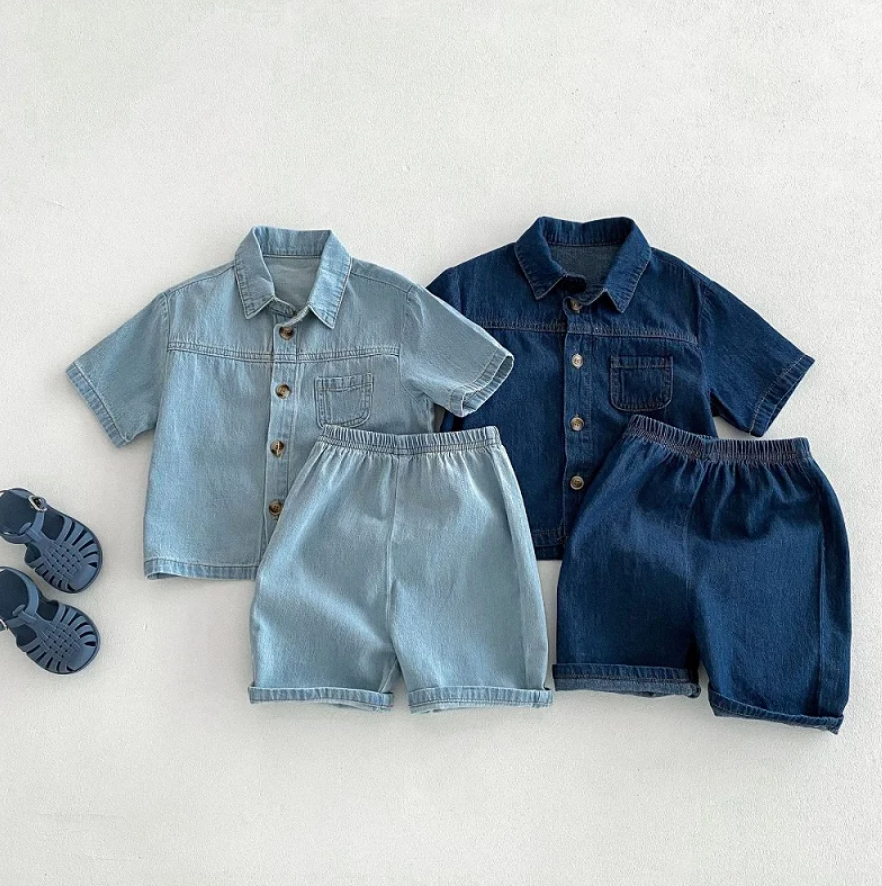 Solid Button Up Denim Shorts Set