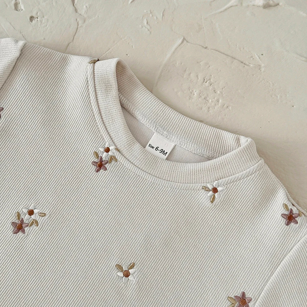 Floral Embroidered Top Striped Pant Set