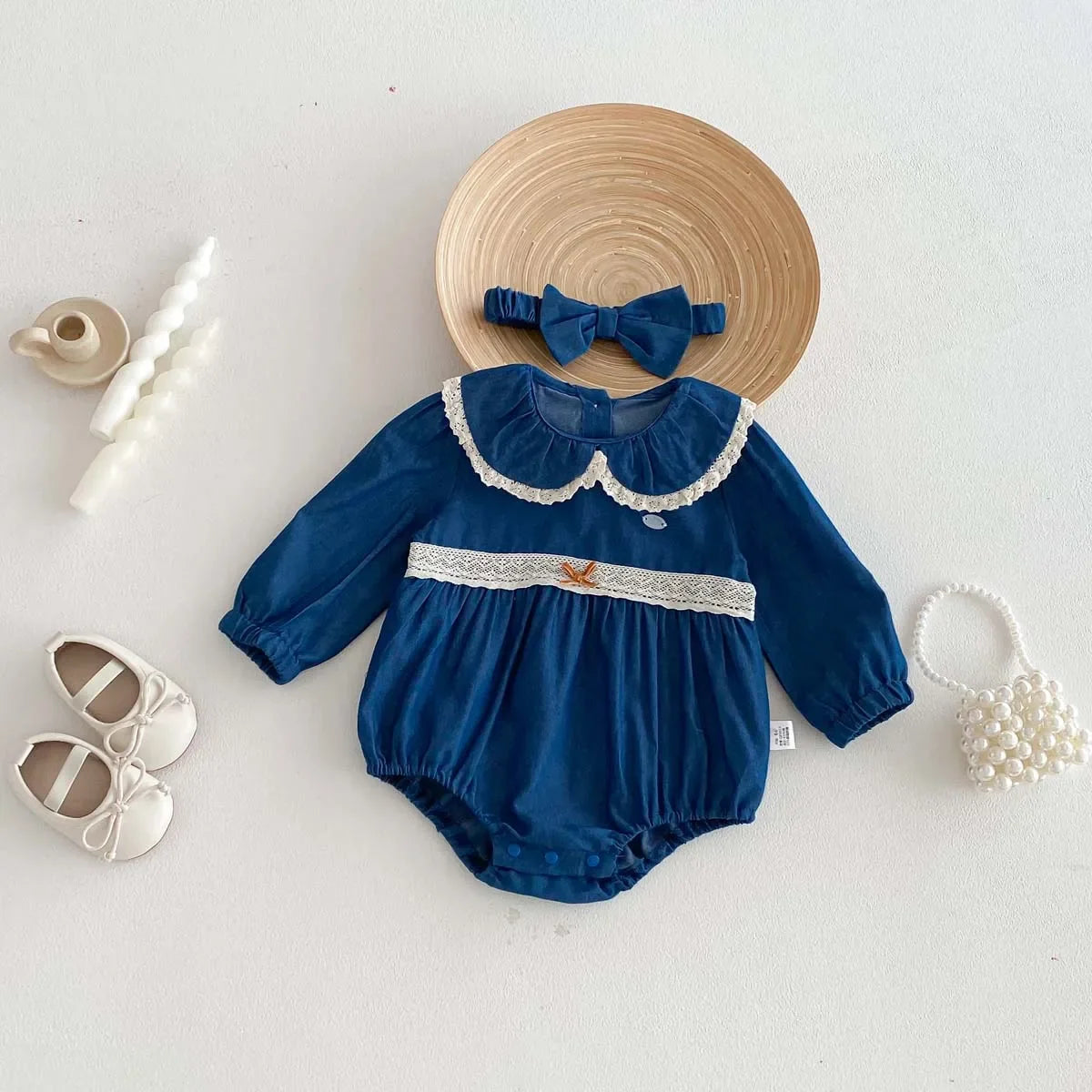 Lace Lapel Denim Romper