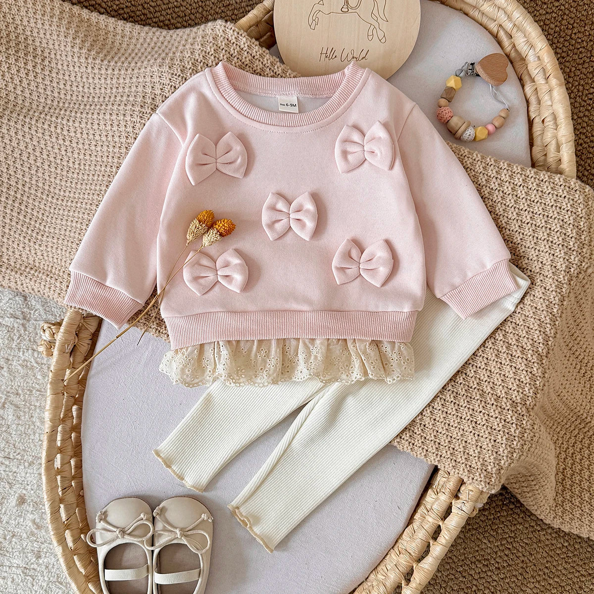 3D Bow Lace Hem Sweater Set