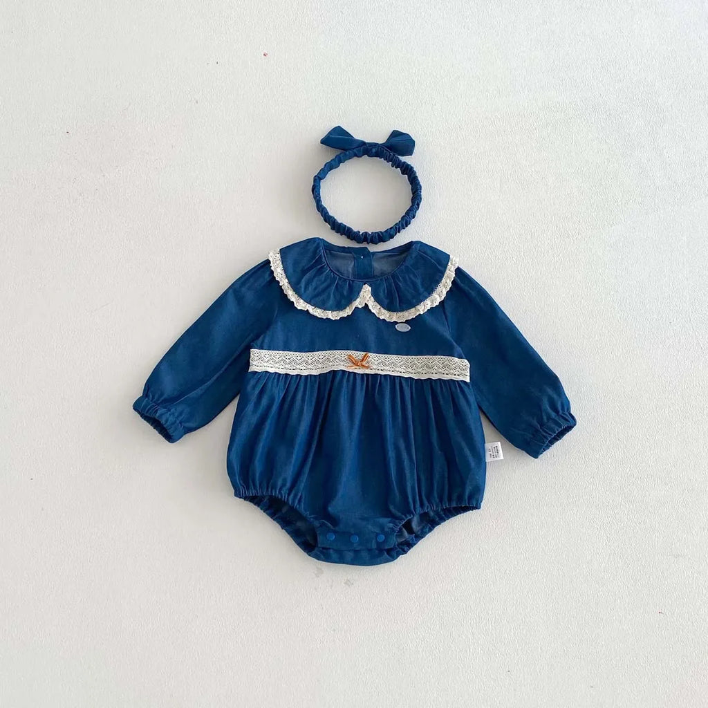 Lace Lapel Denim Romper