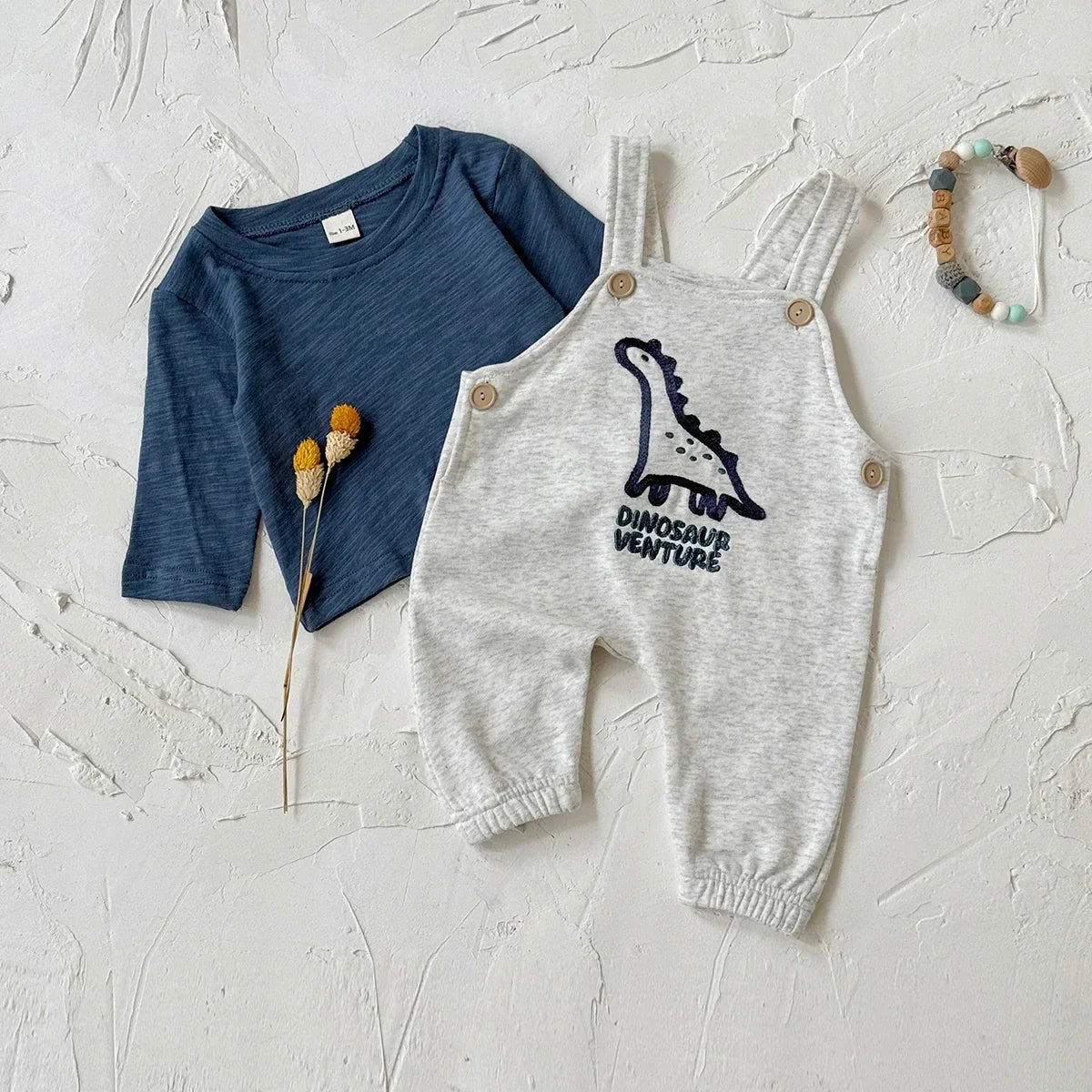 Embroidered Dinosaur Suspender Jumpsuit