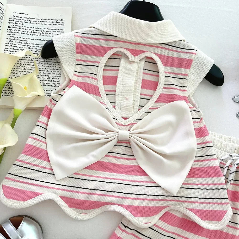 Hollow Heart Stripe Shorts Set