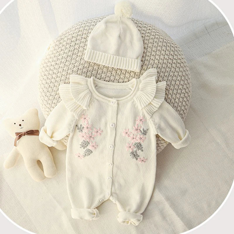 Embroidery Flower Knitted Romper Set