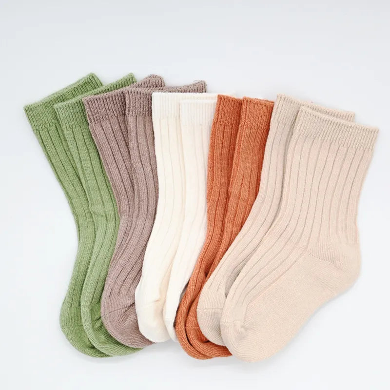 5 Pairs Ribbed Solid Cotton Toddler Knitted Socks