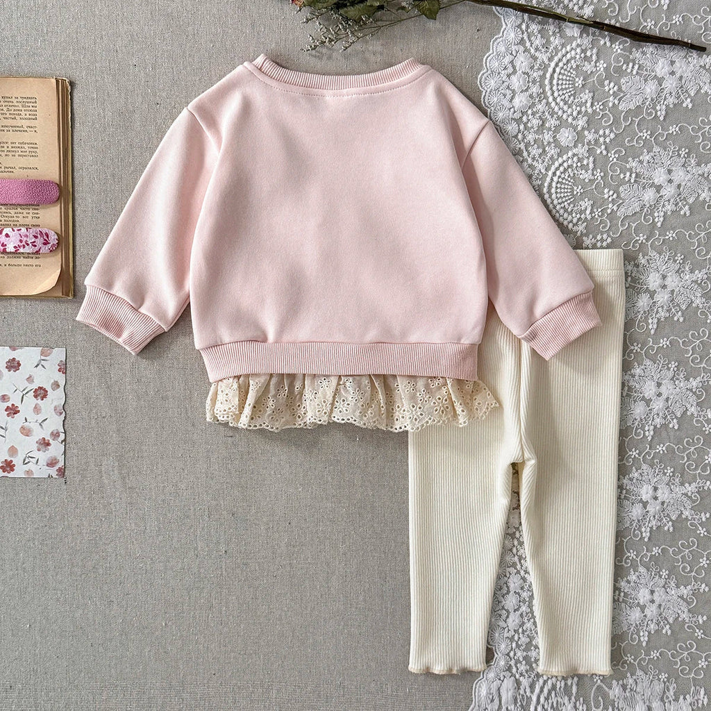 3D Bow Lace Hem Sweater Set
