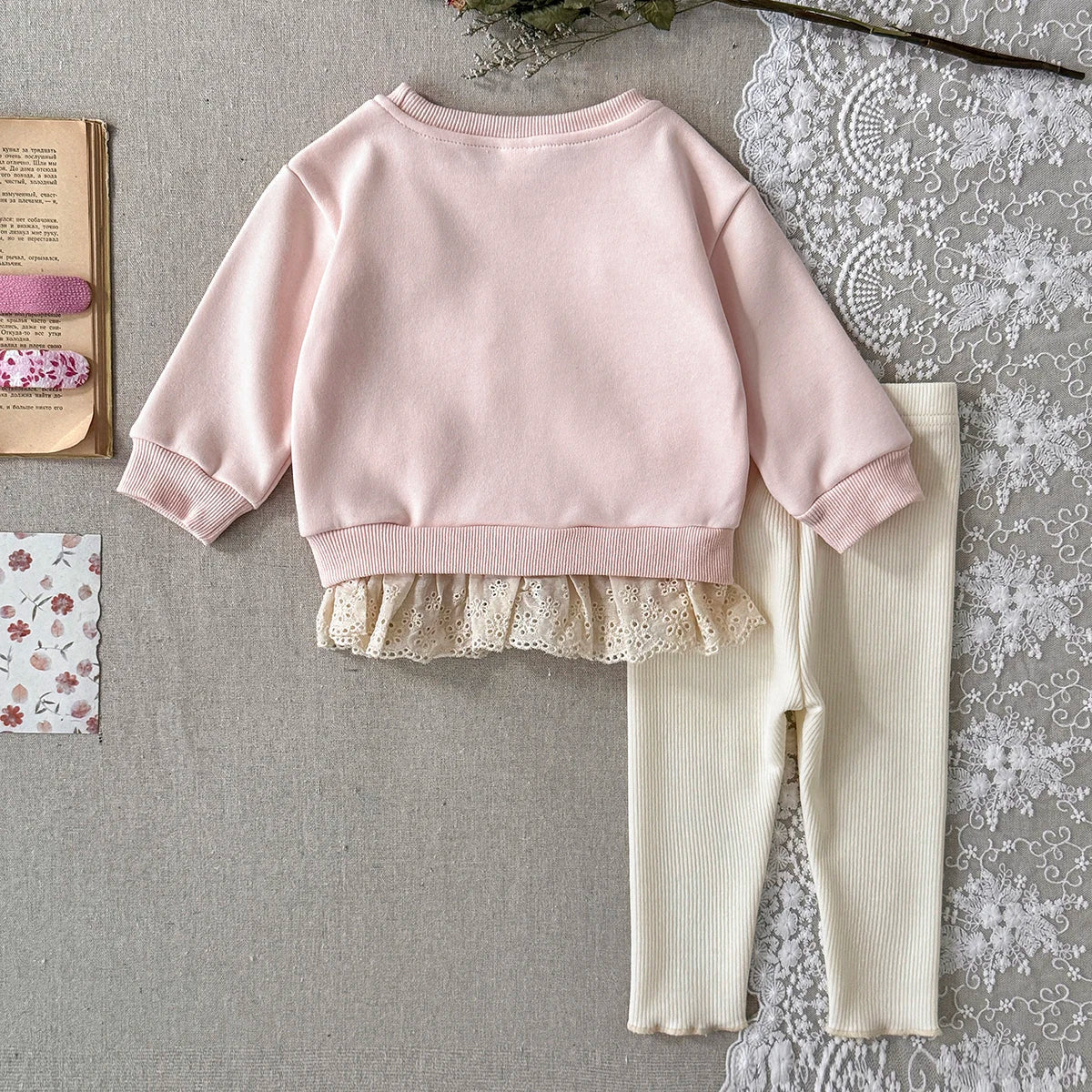 3D Bow Lace Hem Sweater Set