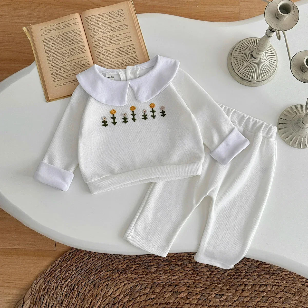 Flower Embroidered Lapel Sweatshirt Pants Set