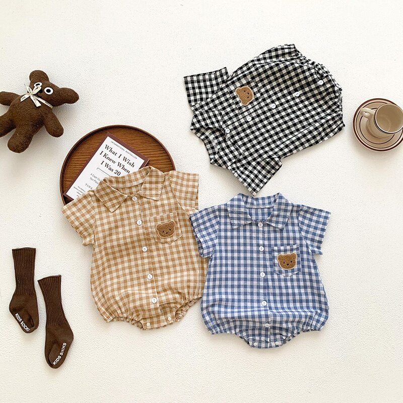 Boys Plaid Bear Patch Bodysuit