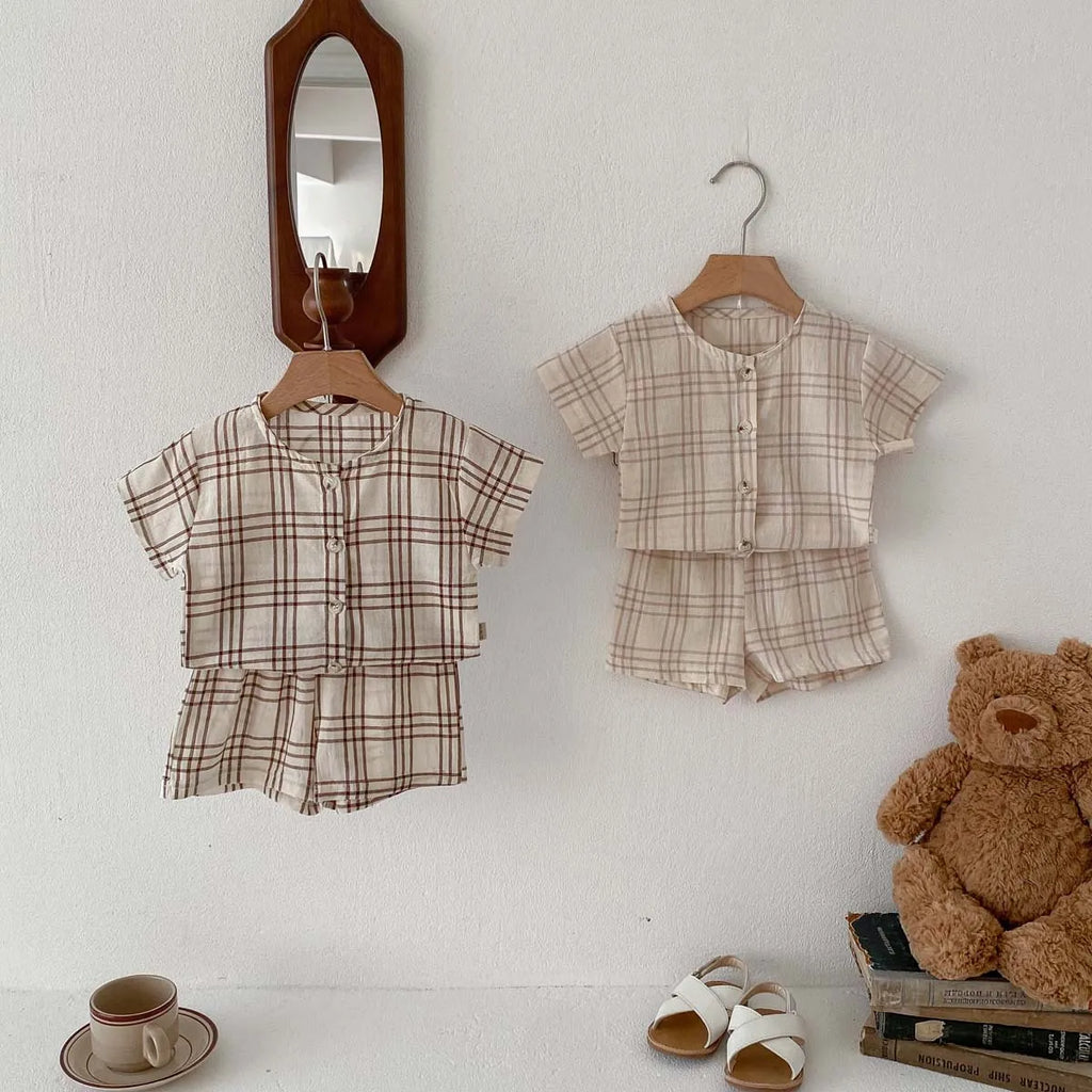 Button Up Plaid Shorts Set