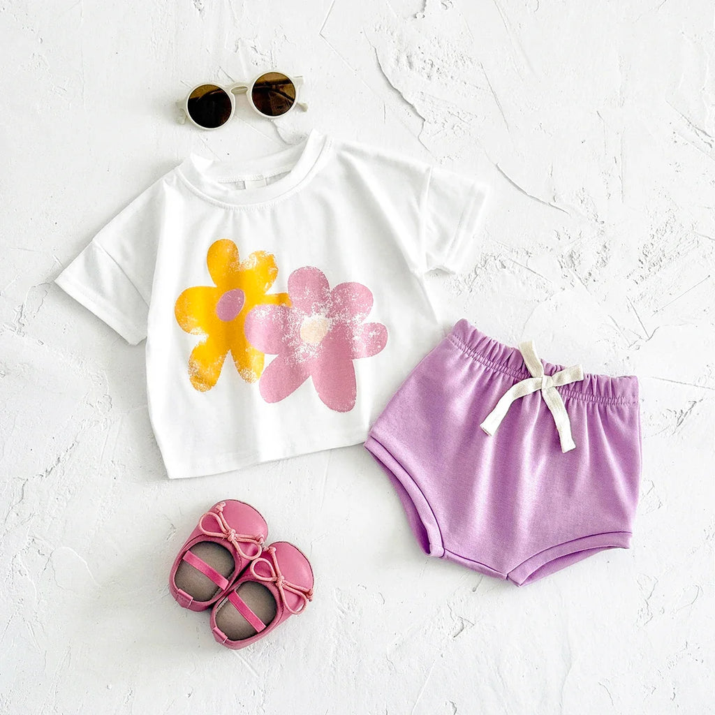 Flower Print T shirts Shorts Set