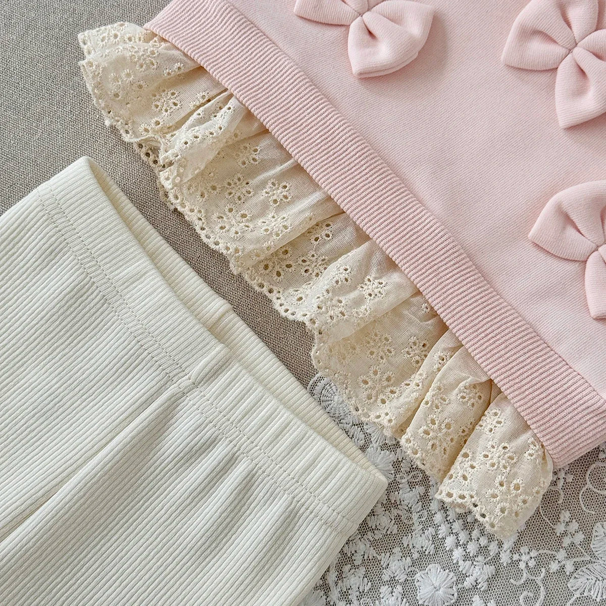 3D Bow Lace Hem Sweater Set