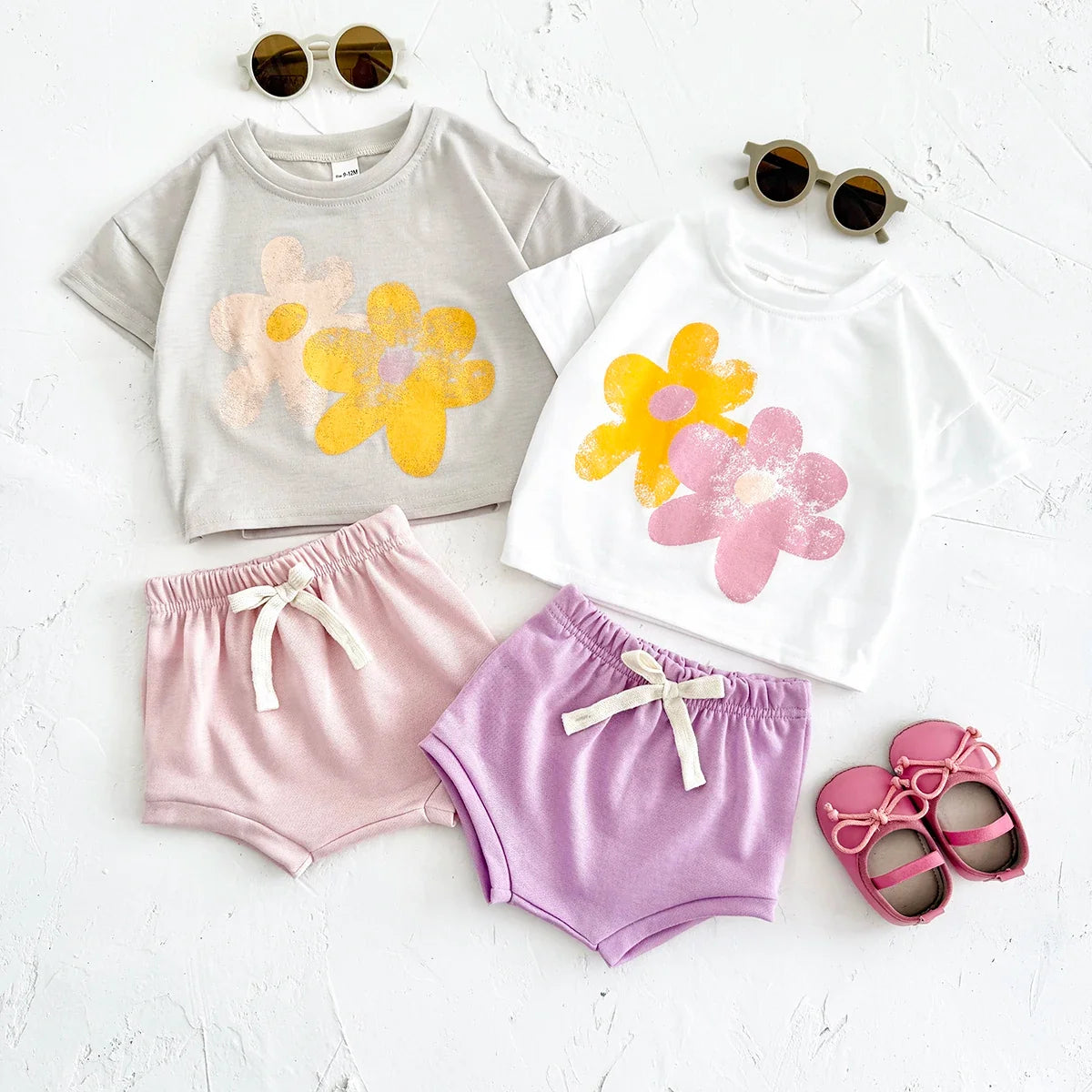 Flower Print T shirts Shorts Set