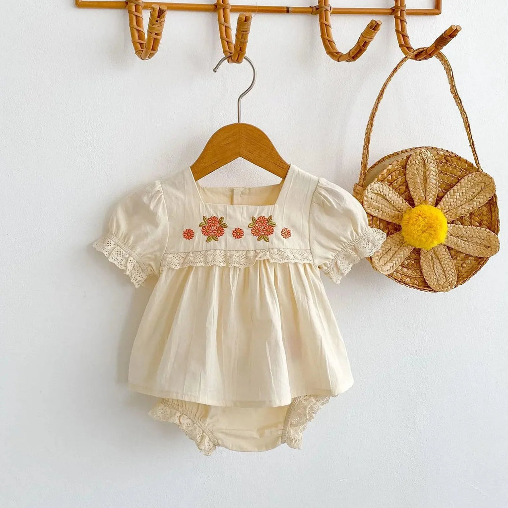 Flower Embroidered Short Sleeve Set