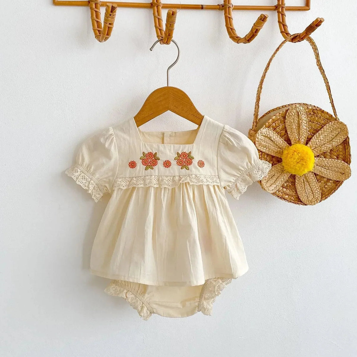 Flower Embroidered Short Sleeve Set