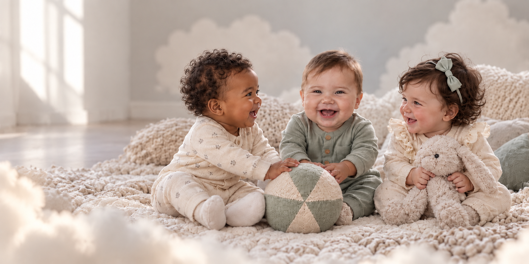 Three happy babies playing together in a dreamy cream cloud setting