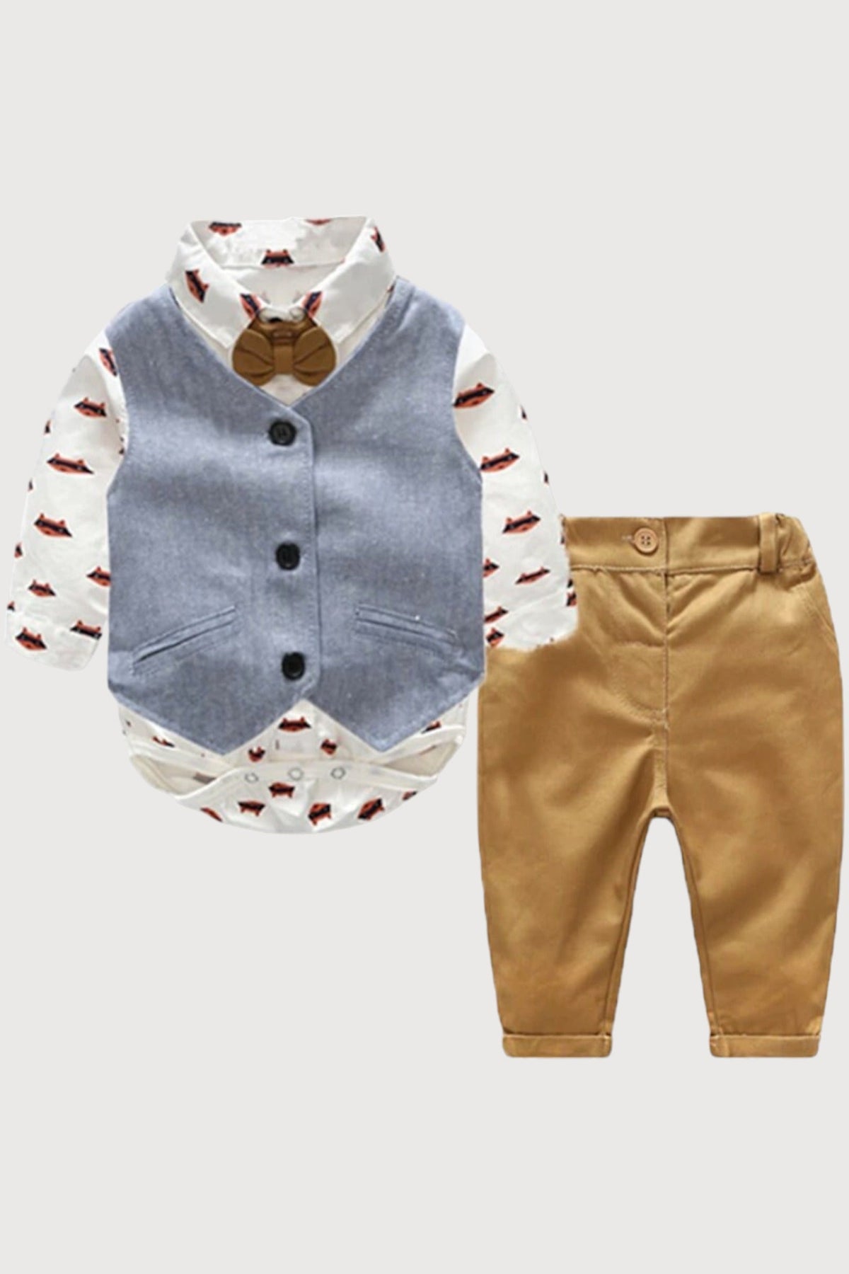 Fox Print Long Sleeve Shirt, Vest and Pants Bowtie Set