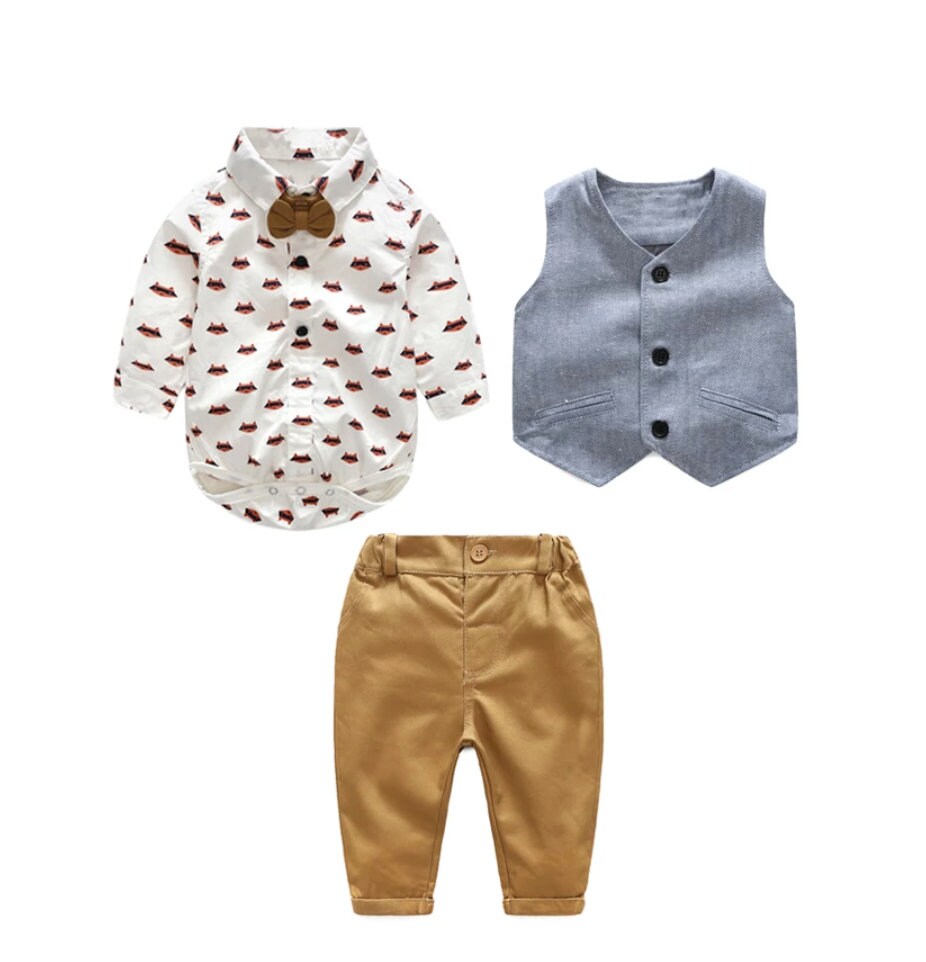Fox Print Long Sleeve Shirt, Vest and Pants Bowtie Set